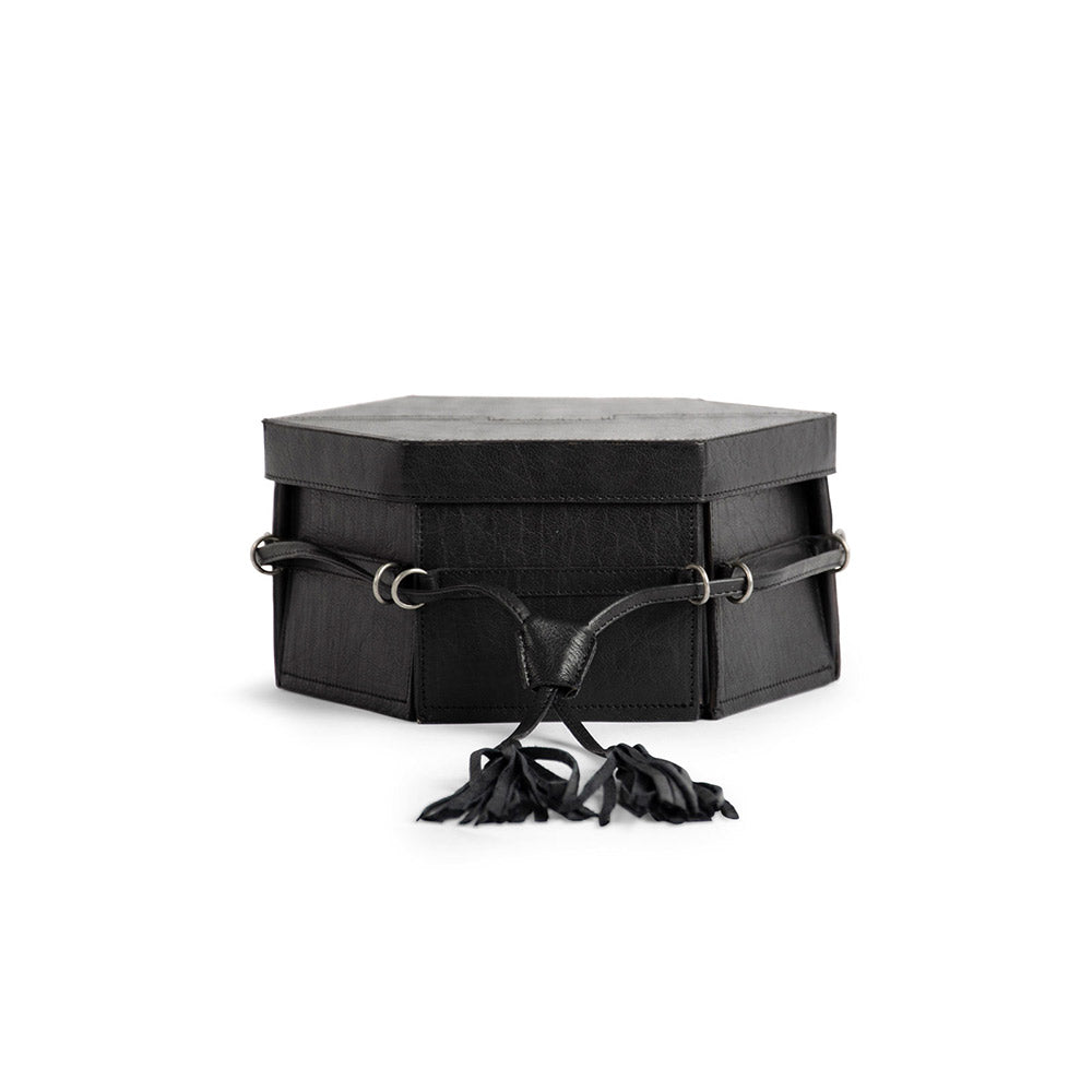 MUUD Evita Black - Handgemaakt leren 6 kantige handwerk opbergdoos 12x22x26cm