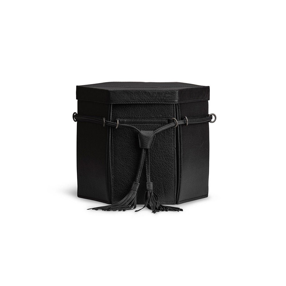 MUUD Evita XL Black - Handgemaakt leren 6 kantige handwerk opbergdoos 22x22x26cm