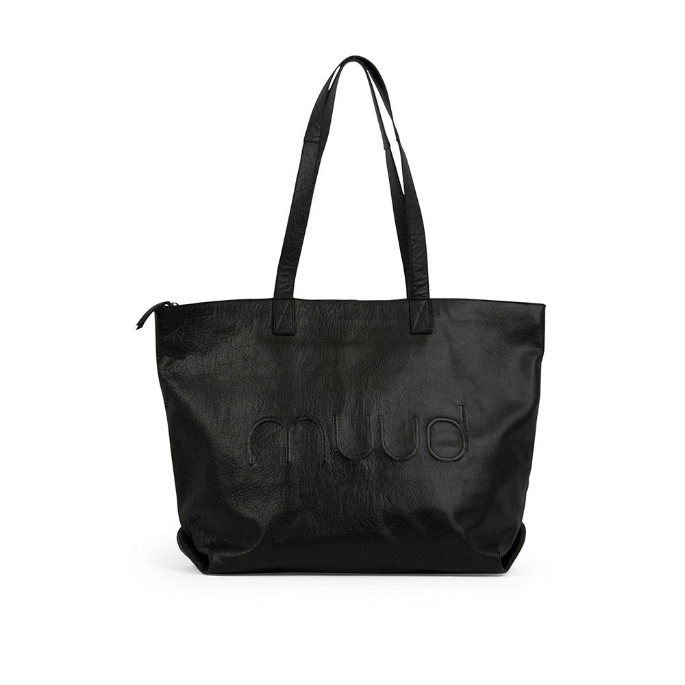 MUUD Laura-draagtas Black - Handgemaakt leren tas met afneembare portemonnee 34x50x16cm
