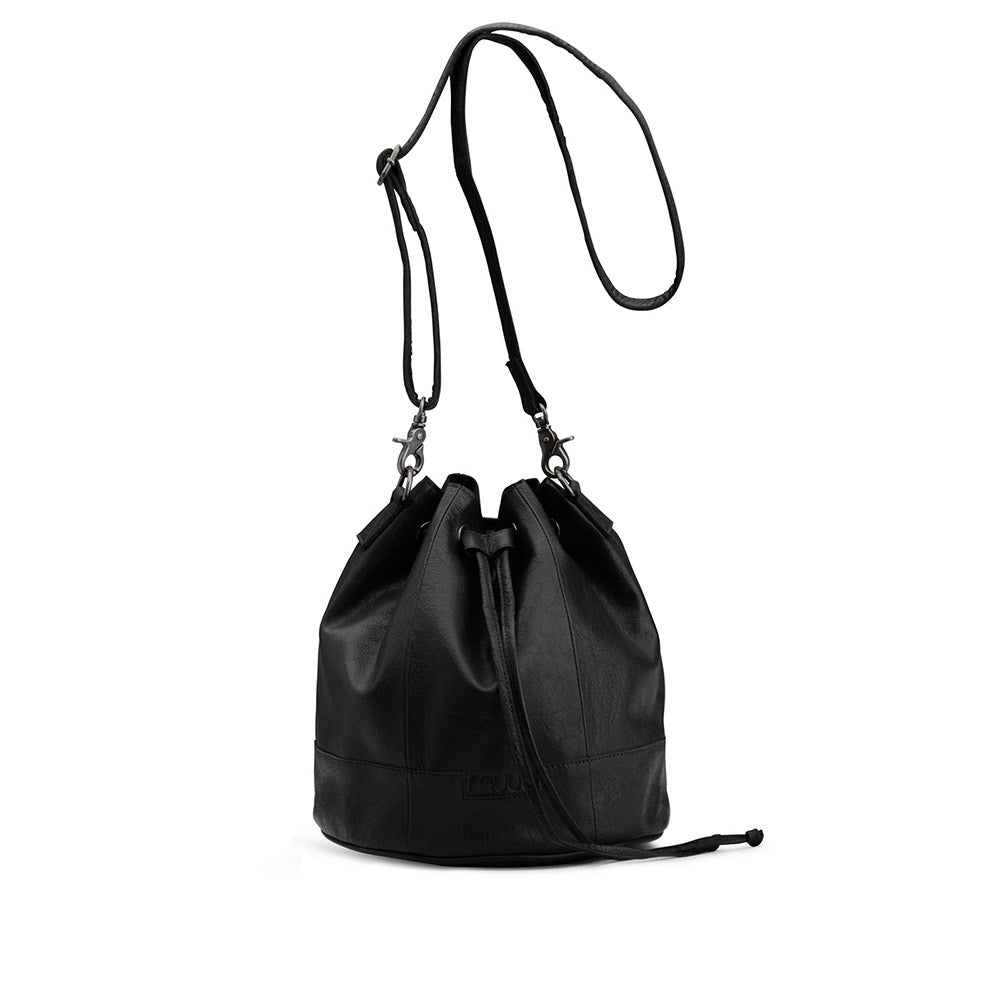 MUUD Donna Black - Handgemaakt leren tas met trekkoord 26xØ24cm