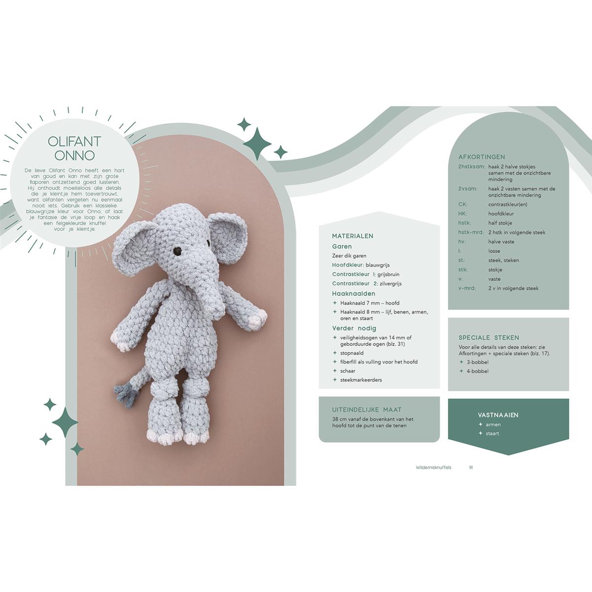 Binnenpagina uit Grote Lieve Knuffels haken met gehaakte olifant en patrooninformatie