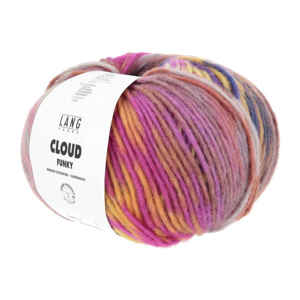 Lang Yarns Cloud Funky 0023 Meloen/Marine/Geel/Mauve - bol garen schuin van voren