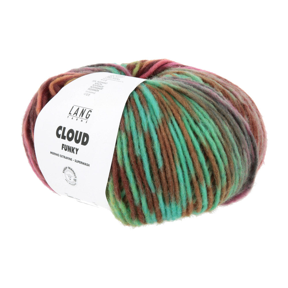 Lang Yarns Cloud Funky 0026 Turquoise/Lavendel/Roze/Groen - bol garen schuin van voren