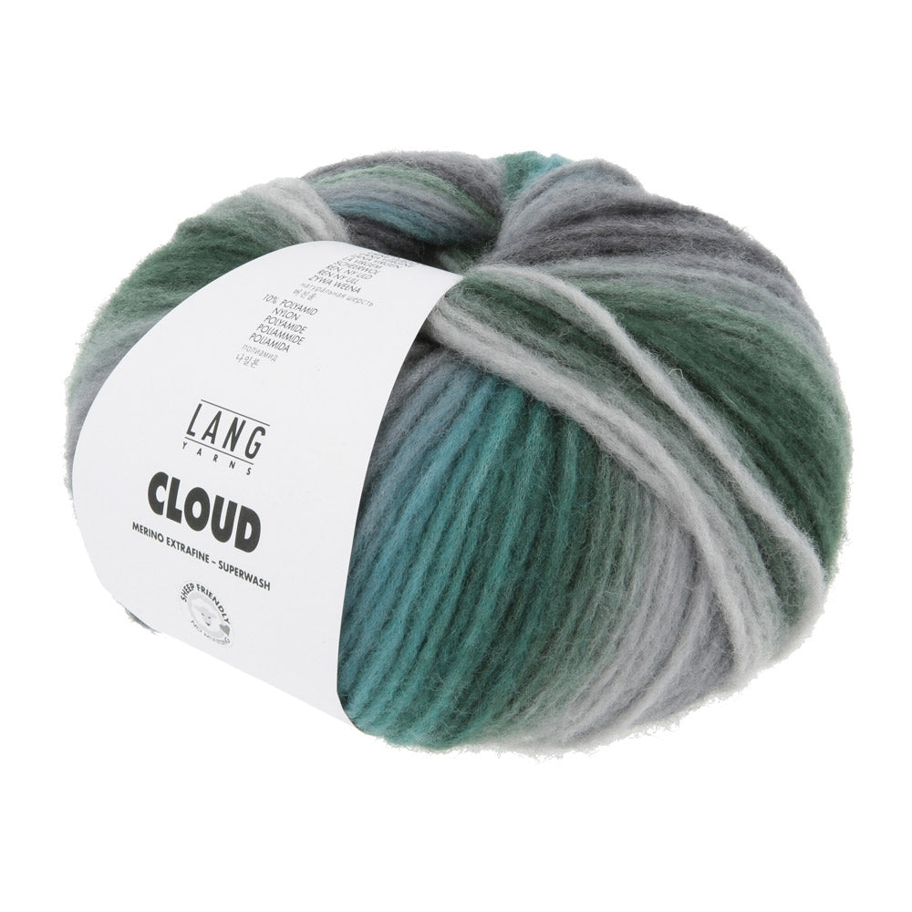 Lang Yarns Cloud 0030 Turquoise/Grijs/Zwart/Groen - bol garen schuin van voren