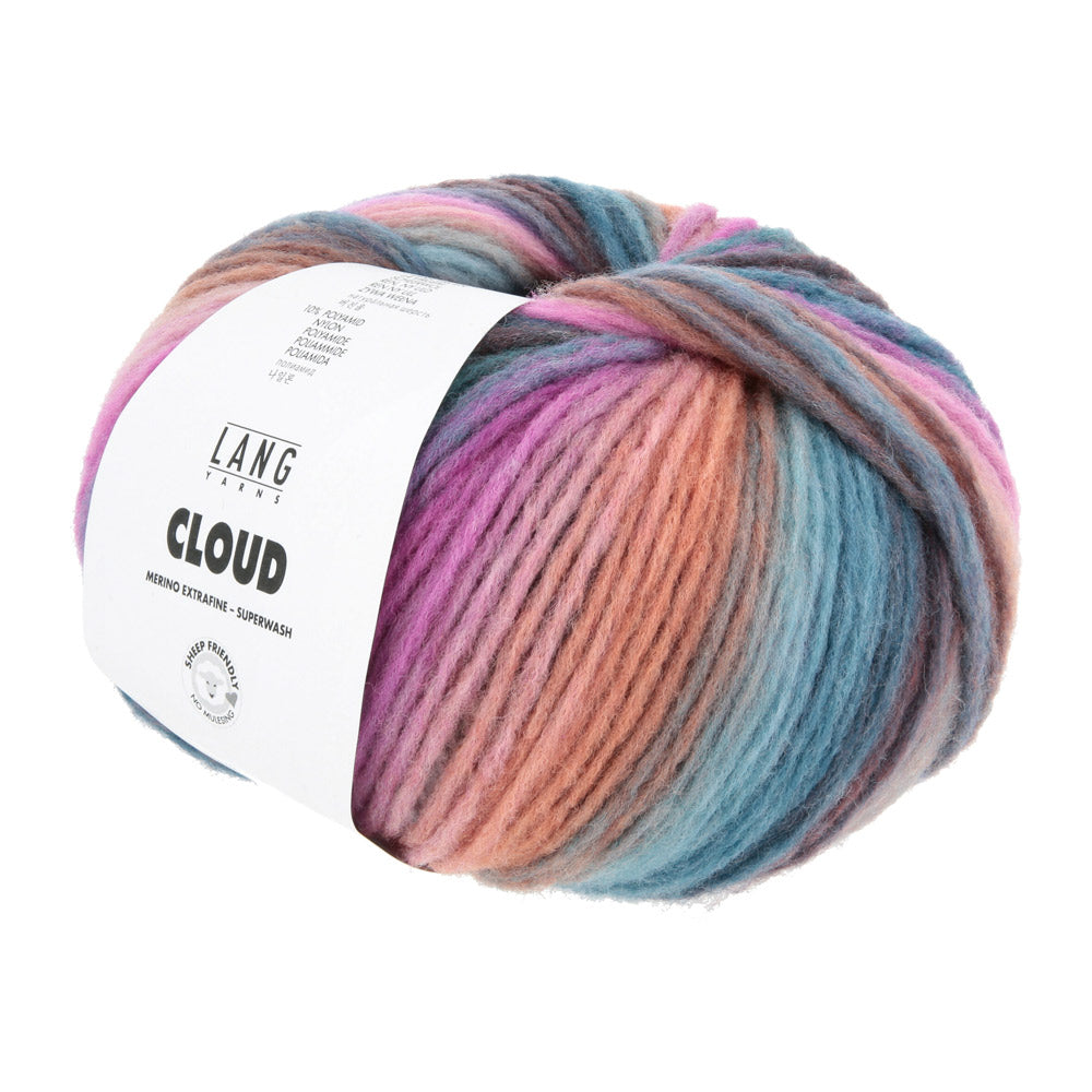 Lang Yarns Cloud 0032 Roze/Ijsblauw/Petrol/Violet - bol garen schuin van voren