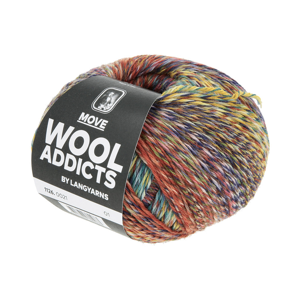 Lang Yarns Move 0021 Marine/Petrol/Donkergeel/Chocolade - bol garen schuin van voren