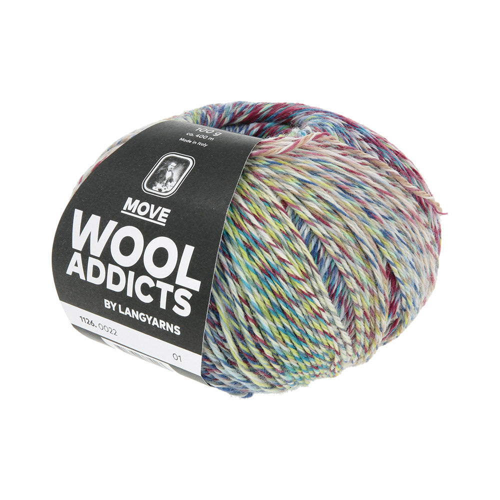 Lang Yarns Move 0022 Turquoise/Bordeaux/Salie/Groen - bol garen schuin van voren