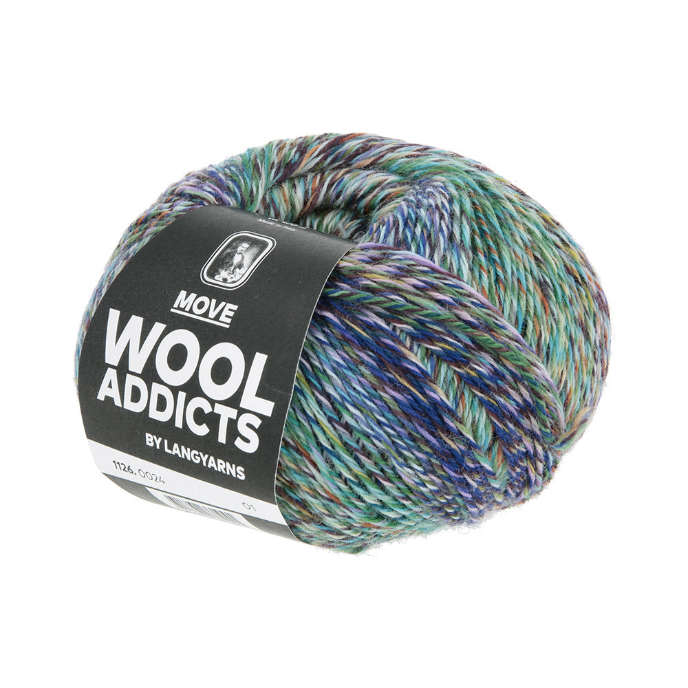 Lang Yarns Move 0024 Koningsblauw/Turquoise/Groen/Aubergine - bol garen schuin van voren