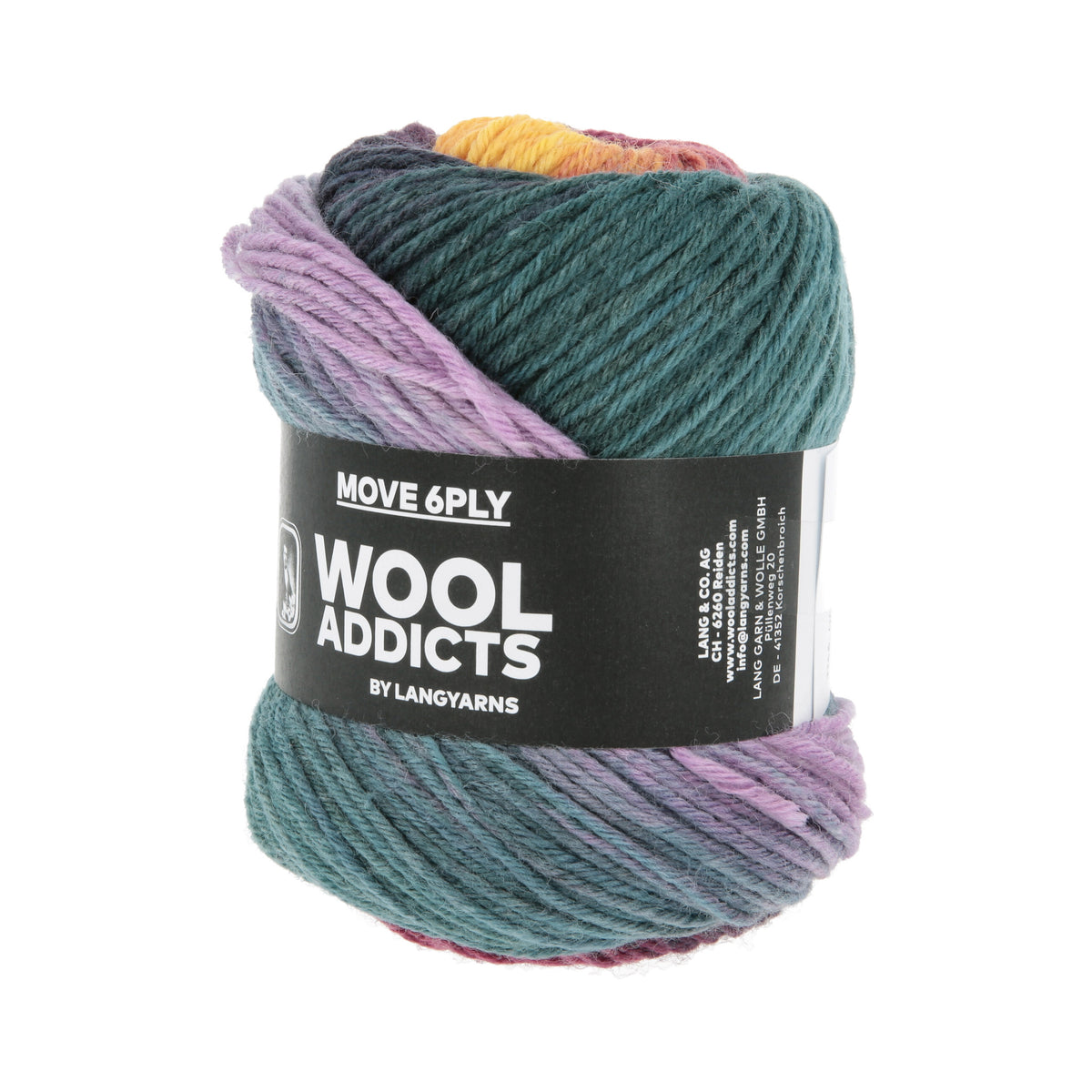 Lang Yarns Move 6-Fach/6-Ply 0011 Lichtblauw/Koningspaars/Oranje/Aubergine - bol garen schuin van voren