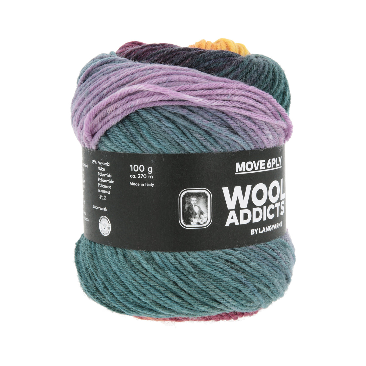 Lang Yarns Move 6-Fach/6-Ply 0011 Lichtblauw/Koningspaars/Oranje/Aubergine - bol garen van opzij