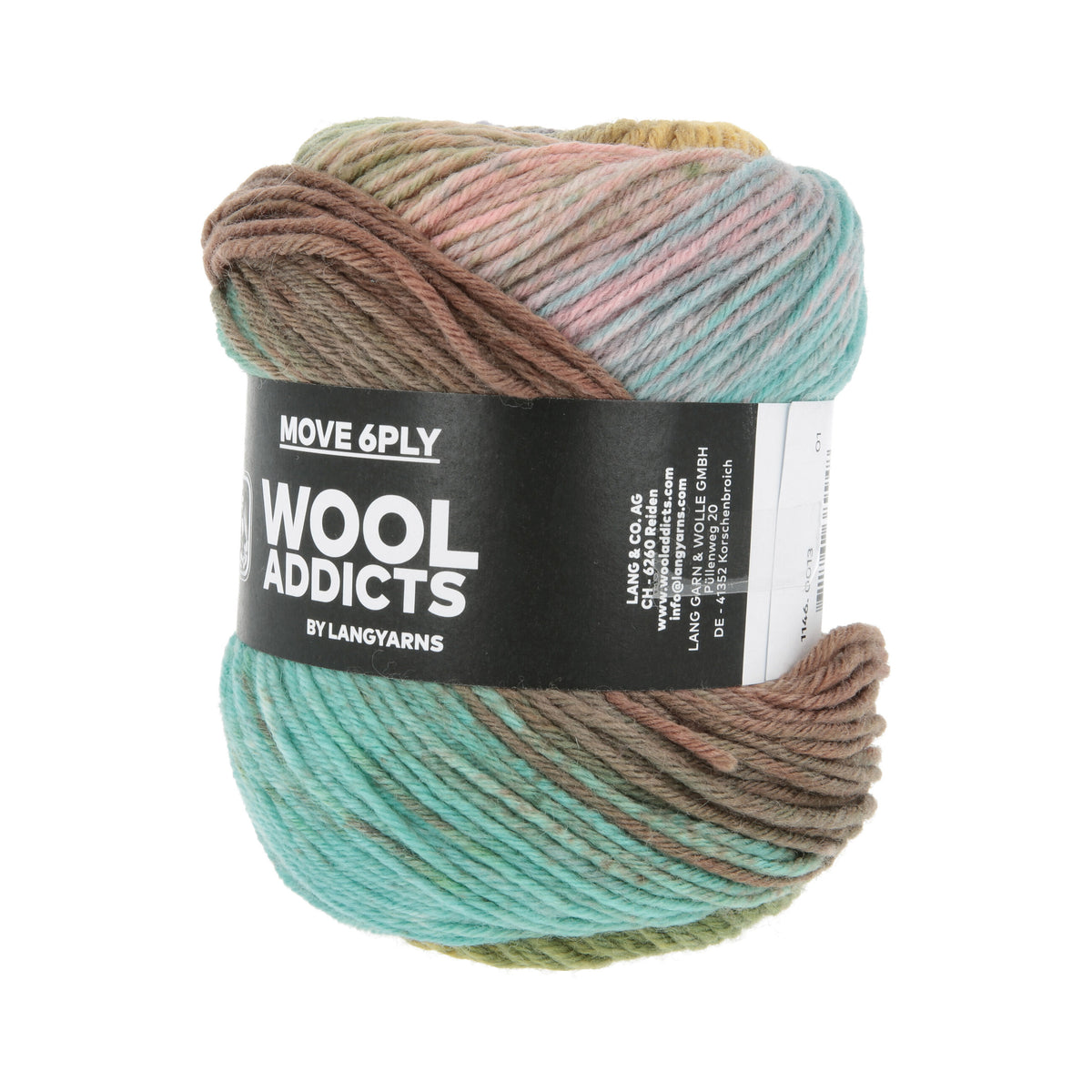 Lang Yarns Move 6-Fach/6-Ply 0013 Blauw/Groen/Oranje/Lila - bol garen schuin van voren