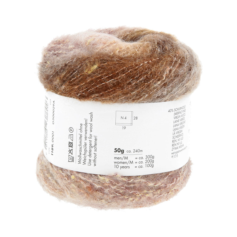 Lang Yarns Galaxy 0001 Bruin/Beige/Olijf - detail van draad en structuur