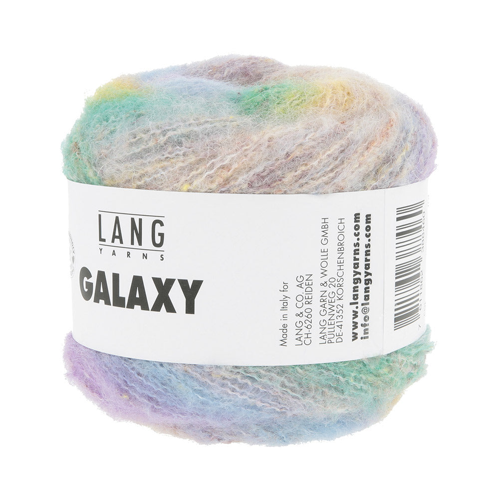 Lang Yarns Galaxy 0002 Lichtblauw/Lila/Groen - gebreid kleurstaal met kleurverloop