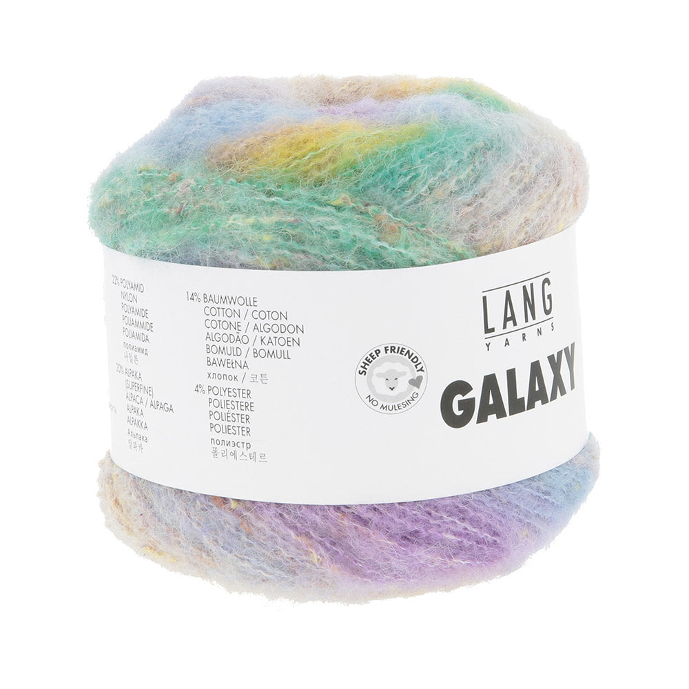 Lang Yarns Galaxy 0002 Lichtblauw/Lila/Groen - close-up van het zachte verloopgaren