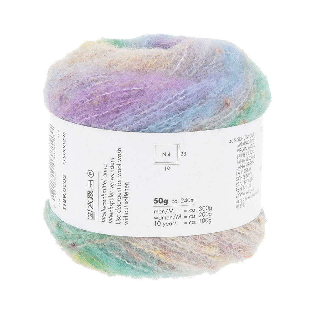 Lang Yarns Galaxy 0002 Lichtblauw/Lila/Groen - detail van draad en structuur