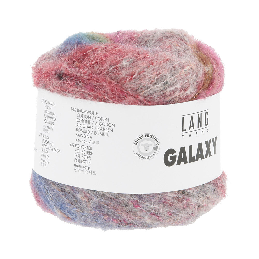 Lang Yarns Galaxy 0003 Blauw/Rood/Roze - close-up van het zachte verloopgaren