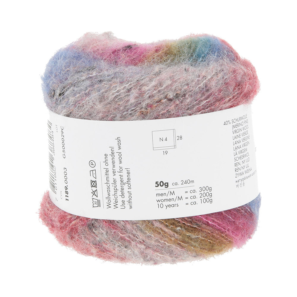 Lang Yarns Galaxy 0003 Blauw/Rood/Roze - detail van draad en structuur