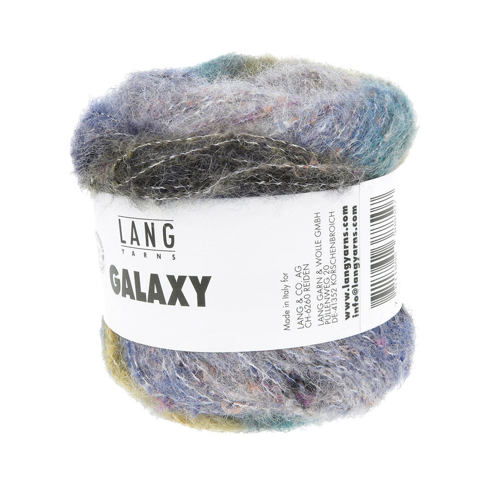 Lang Yarns Galaxy 0004 Grijs/Blauw/Geel - gebreid kleurstaal met kleurverloop