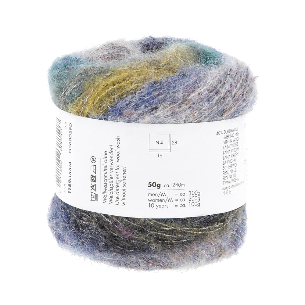 Lang Yarns Galaxy 0004 Grijs/Blauw/Geel - detail van draad en structuur