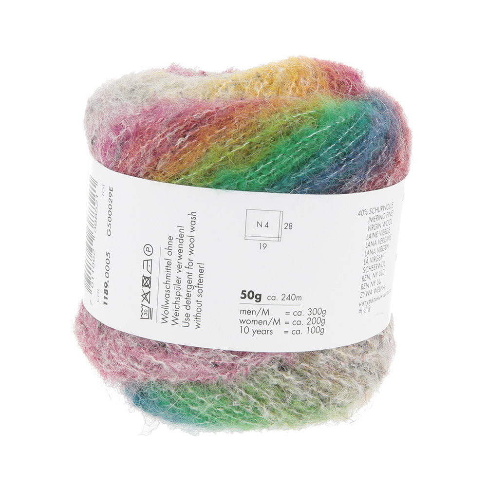 Lang Yarns Galaxy 0005 Roze/Oranje/Groen - detail van draad en structuur