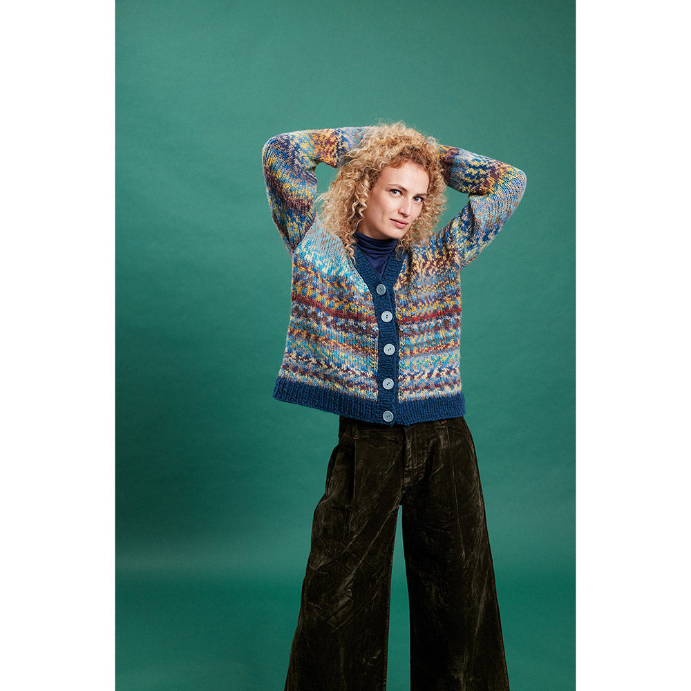 Lang Yarns Cloud Funky 0028 Pruim/Grijs/Marine/Messing - model met gebreid vest