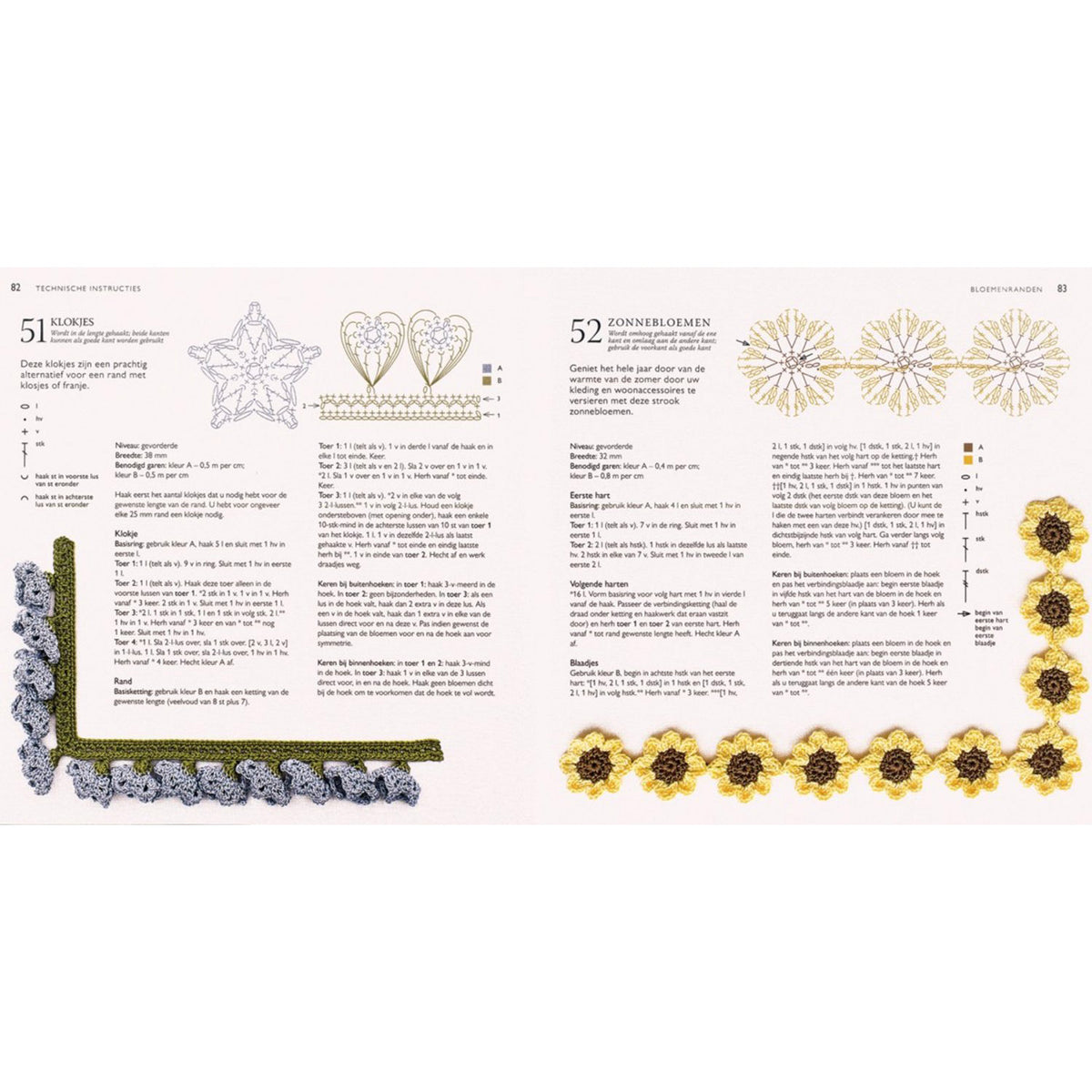 Binnenpagina uit 75 sierranden om te haken met gehaakte zonnebloemranden en patroonbeschrijvingen