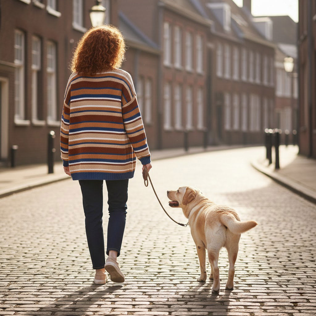 Achteraanzicht van model met oversized strepenvest tijdens wandeling met hond