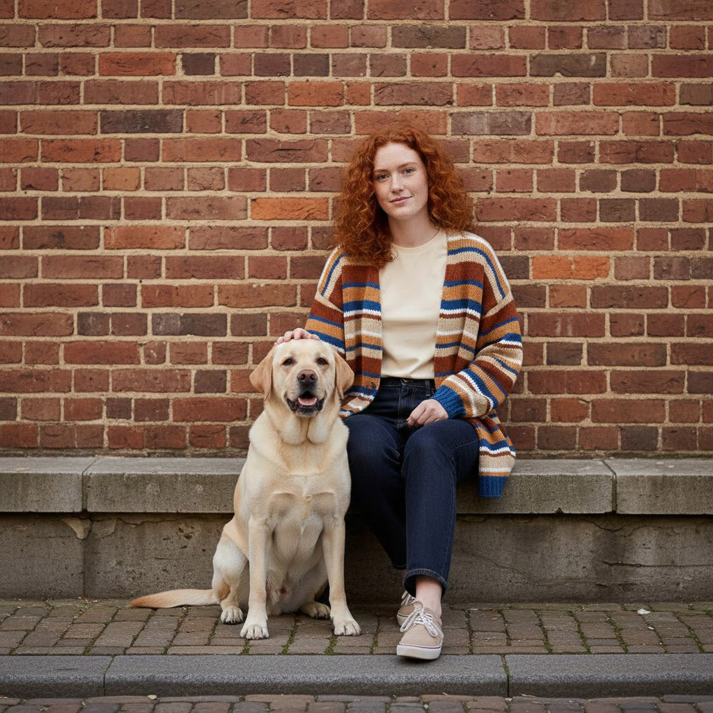 Model zittend met hond in oversized gebreid strepenvest
