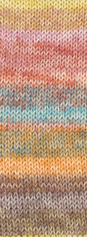 Lana Grossa Cosy Socks Dream 253 Grijsbruin / Taupe / Geel / Camel / Roze / Terracotta / Zalm / Lichtpetrol / Turquoise / Oranje - sfeerfoto van het multicolour sokkengaren - Lana Grossa Cosy Socks Dream 253 Grijsbruin/Taupe/Geel/Camel/Roze/Terracotta/Zalm/Lichtpetrol/Turquoise/Oranje