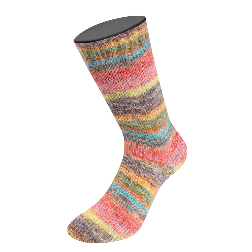 Lana Grossa Cosy Socks Dream 253 Grijsbruin / Taupe / Geel / Camel / Roze / Terracotta / Zalm / Lichtpetrol / Turquoise / Oranje - detailfoto van het kleurverloop en draadstructuur - Lana Grossa Cosy Socks Dream 253 Grijsbruin/Taupe/Geel/Camel/Roze/Terracotta/Zalm/Lichtpetrol/Turquoise/Oranje