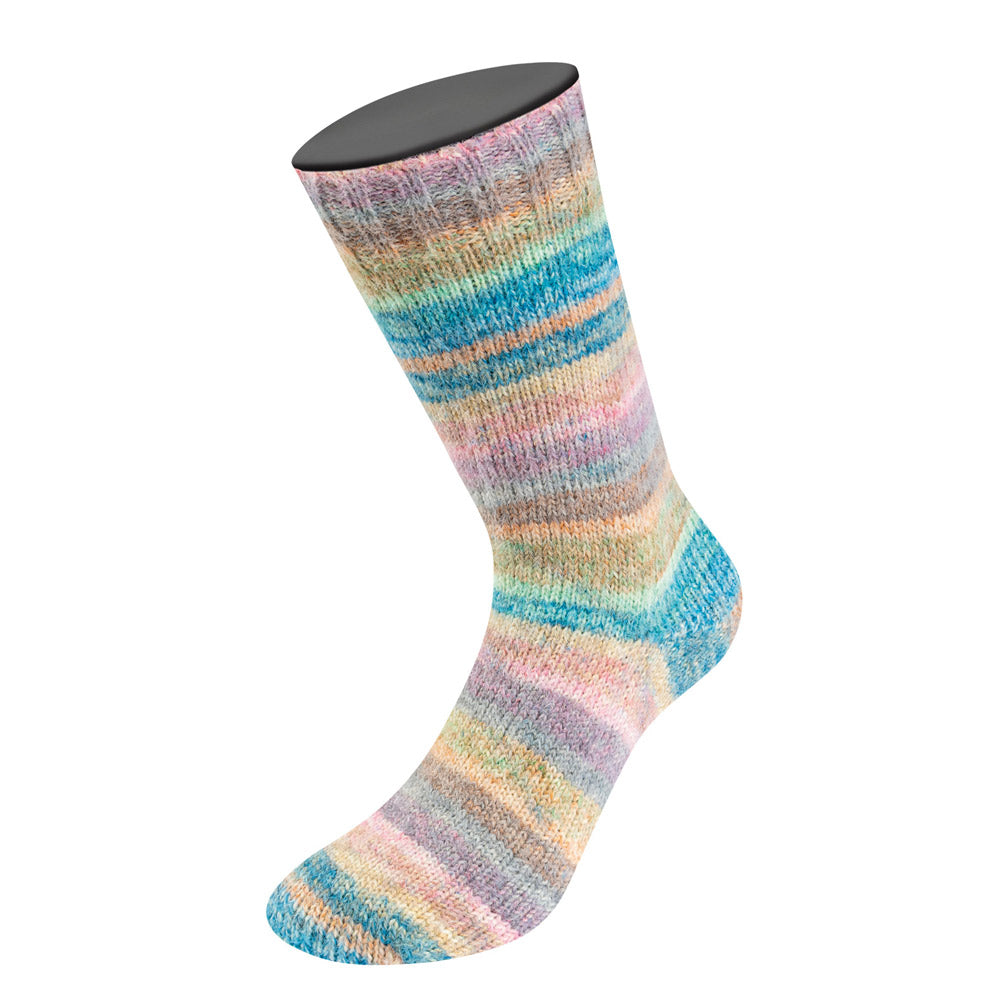 Lana Grossa Cosy Socks Dream 258 Mint / Petrol / Turquoise / Leembruin / Rozenhout / Lichtgrijs / Roze / Taupe / Beige - detailfoto van het kleurverloop en draadstructuur - Lana Grossa Cosy Socks Dream 258 Mint/Petrol/Turquoise/Leembruin/Rozenhout/Lichtgrijs/Roze/Taupe/Beige