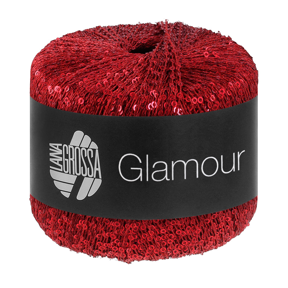 Lana Grossa Glamour 020 Donkerrood bol pailletgaren gefotografeerd tegen een neutrale achtergrond