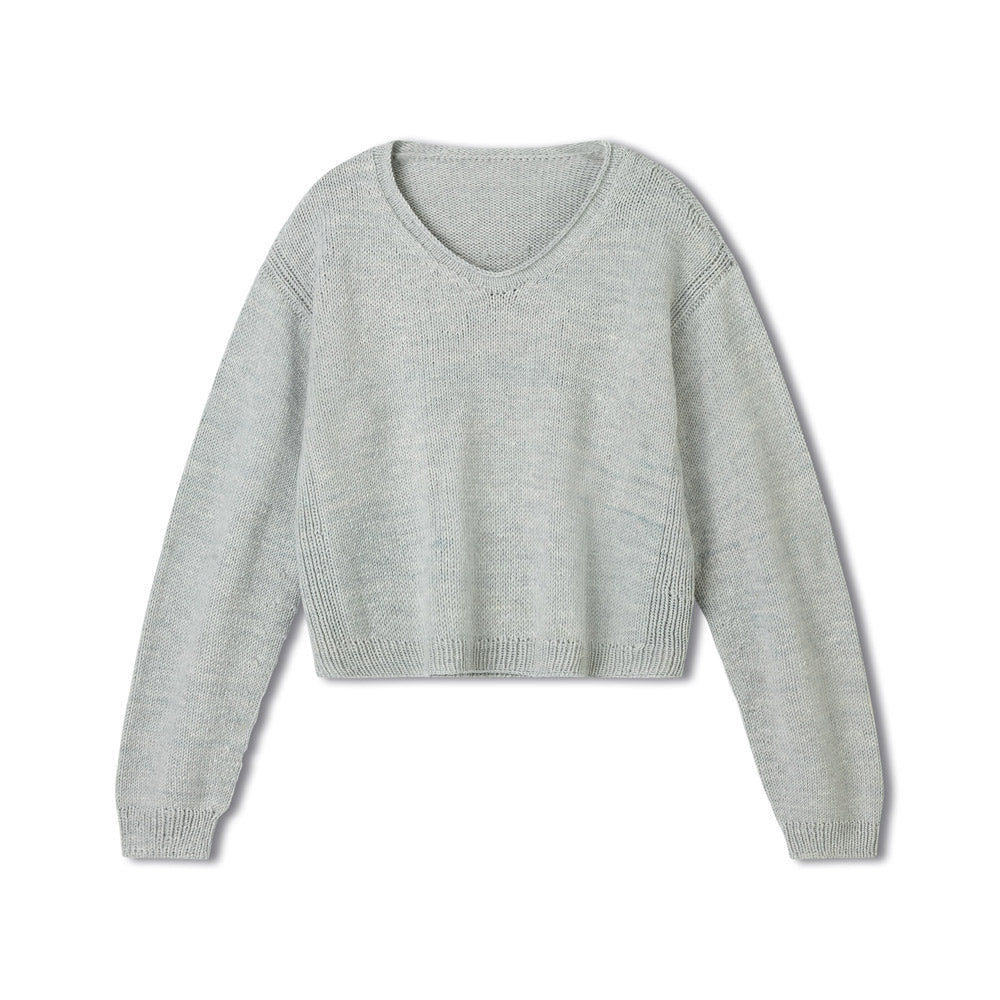 Lana Grossa Merino Classics - gebreide lichtgrijze V-hals trui met lange mouwen - Lana Grossa Merino Piú 001 Lichtbeige