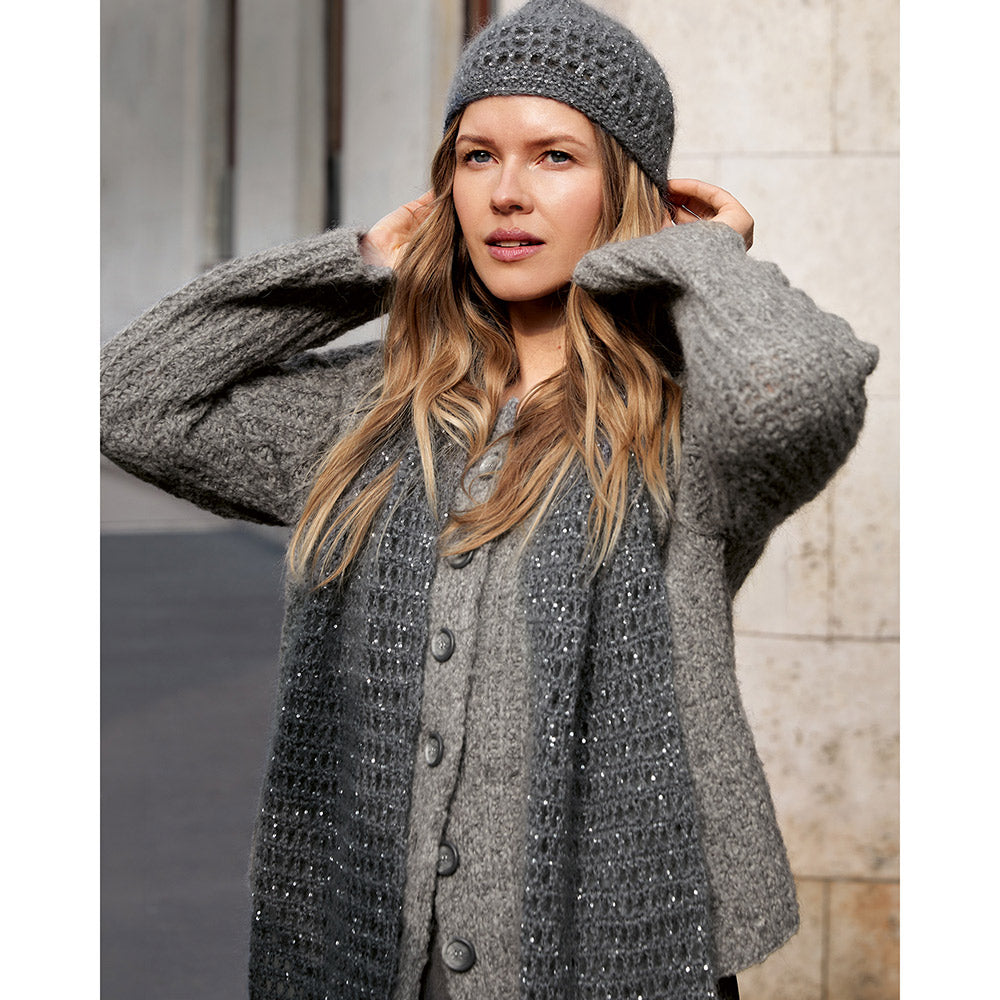 Sfeerinspiratie bij Lana Grossa Milano 016 Violet gemêleerd - bruine gebreide muts als productfoto - Lana Grossa Milano 001 Grijs gemêleerd
