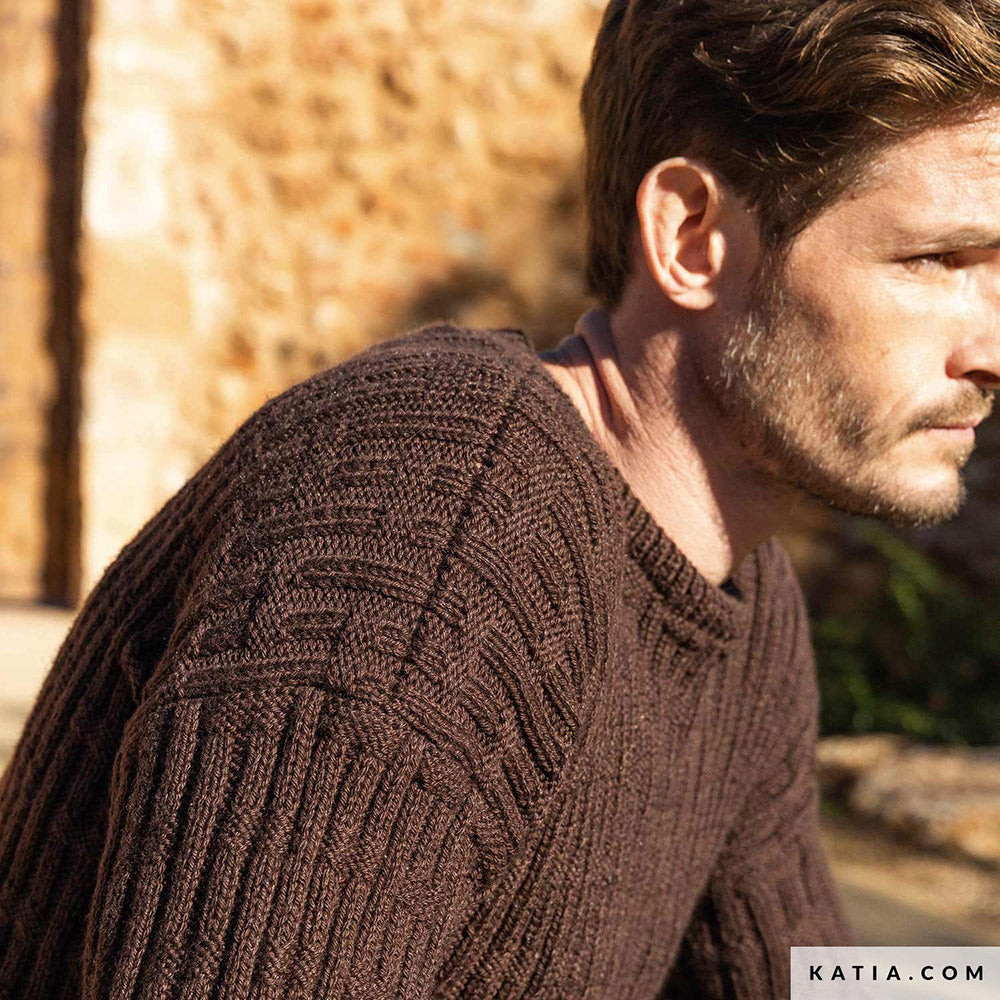 Katia Basic Merino 106 Chocolade Bruin - Patroon breien haken heren trui herfst winter katia — gemaakt met Katia Basic Merino (5)