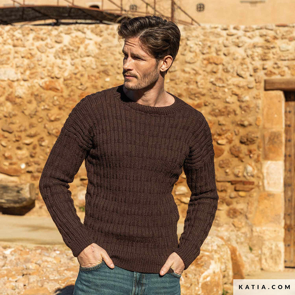 Katia Basic Merino 106 Chocolade Bruin - Patroon breien haken heren trui herfst winter katia — gemaakt met Katia Basic Merino (4)