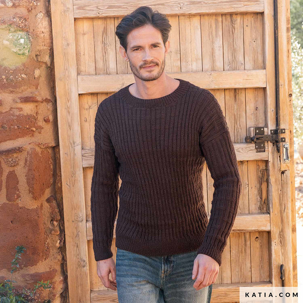 Katia Basic Merino 106 Chocolade Bruin - Patroon breien haken heren trui herfst winter katia — gemaakt met Katia Basic Merino (3)