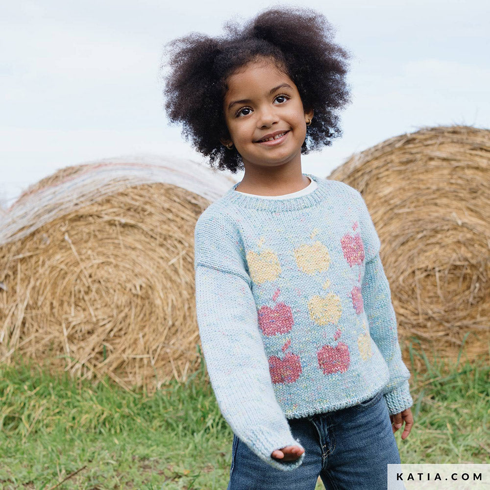 Katia Basic Merino Popcorn 106 Koper-Wit - Patroon breien haken kinderen trui herfst winter katia — gemaakt met Katia Basic Merino Popcorn (3)