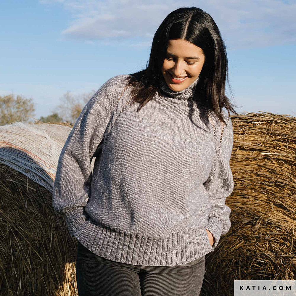 Katia Basic Merino Popcorn 106 Koper-Wit - Patroon breien haken dames trui herfst winter katia — gemaakt met Katia Basic Merino Popcorn (10)