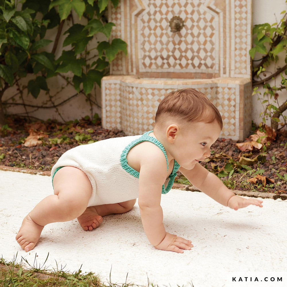 Katia Cotton 100% 010 Steen grijs - Patroon breien haken baby romper lente zomer katia — gemaakt met Katia Cotton 100%