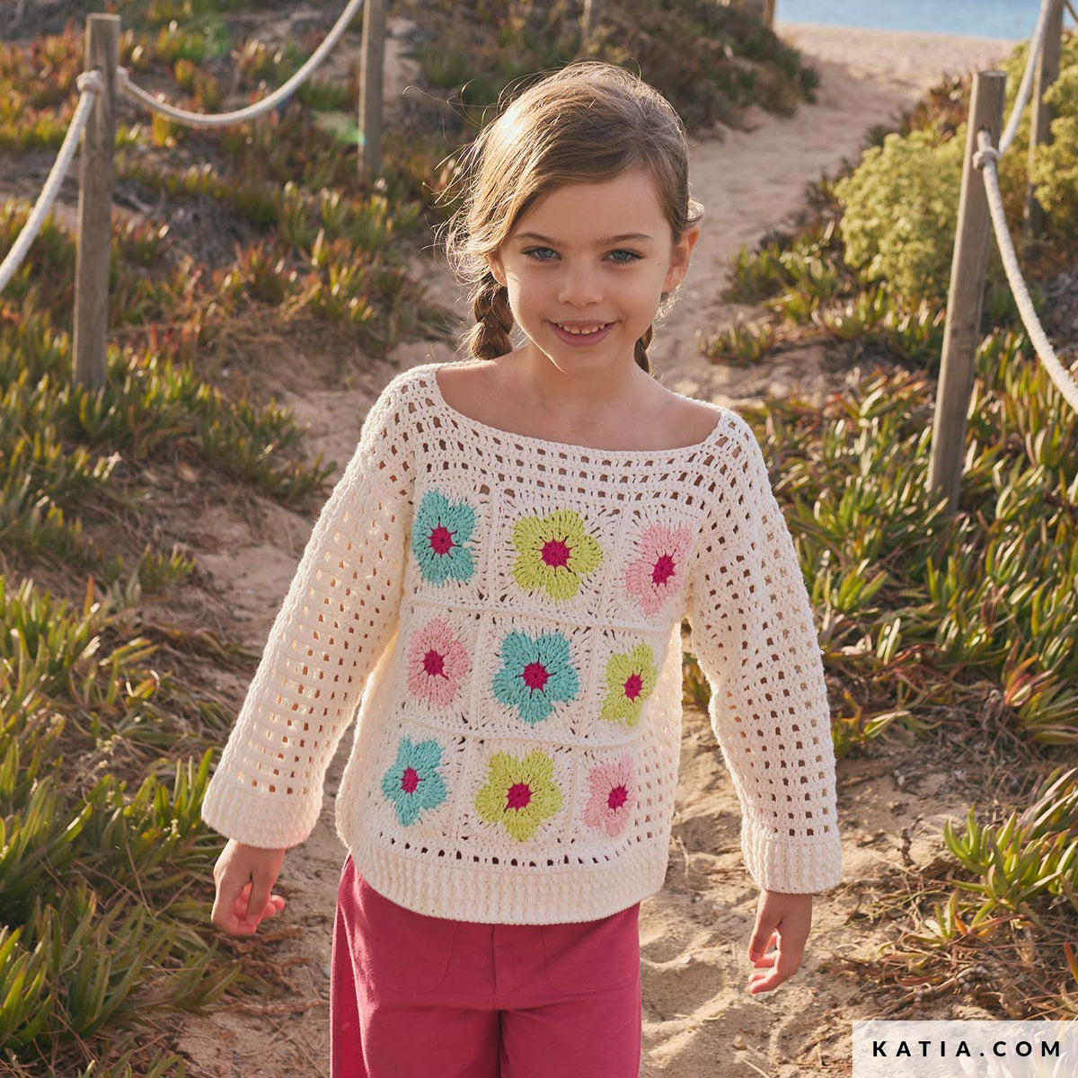 Katia Cotton 100% 010 Steen grijs - Patroon breien haken kinderen trui lente zomer katia — gemaakt met Katia Cotton 100% (6)