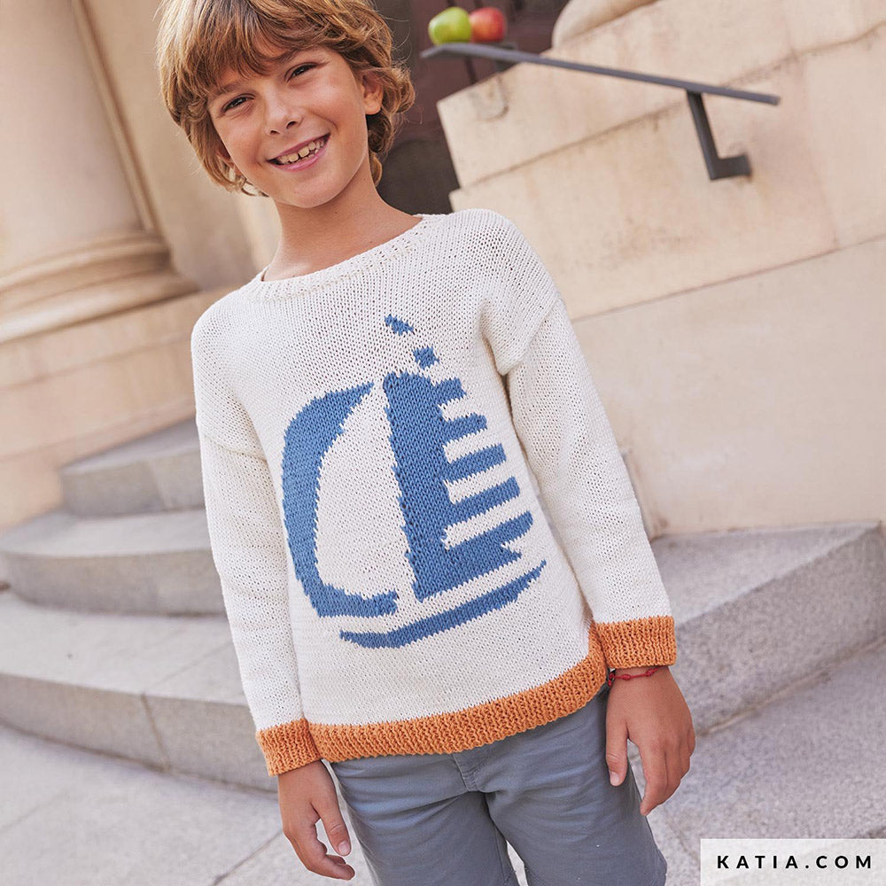 Katia Cotton 100% 010 Steen grijs - Patroon breien haken kinderen trui lente zomer katia — gemaakt met Katia Cotton 100% (17)