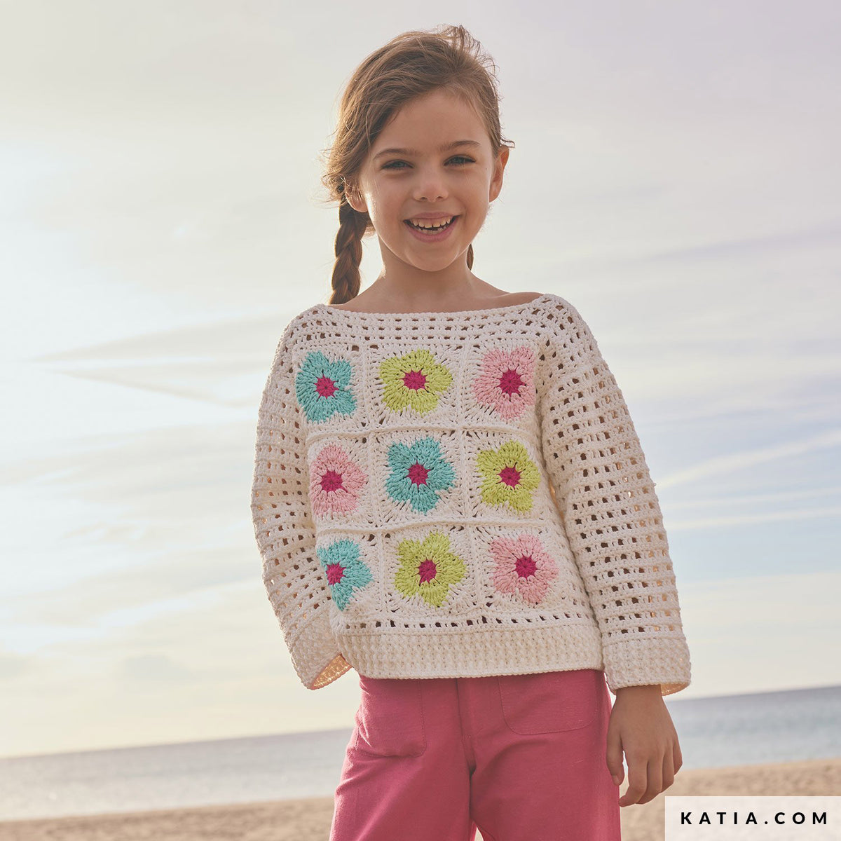 Katia Cotton 100% 010 Steen grijs - Patroon breien haken kinderen trui lente zomer katia — gemaakt met Katia Cotton 100% (8)