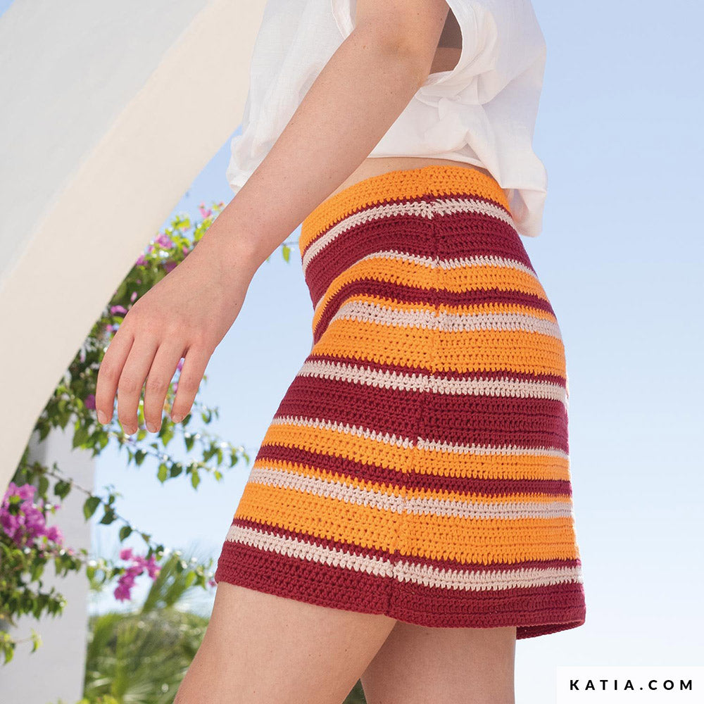 Katia Cotton 100% 054 Wijn rood - Patroon breien haken dames rok lente zomer katia — gemaakt met Katia Cotton 100% (3)
