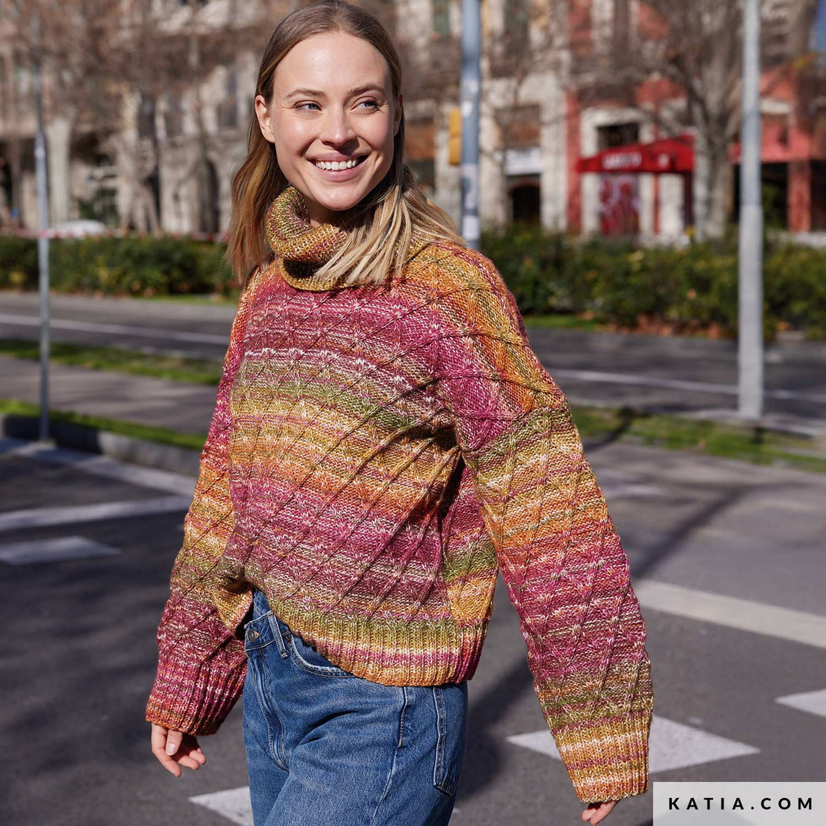 Katia Cotton-Merino Paradiso 303 Roest Bruin-Bruin-Groen - Patroon breien haken dames trui herfst winter katia — gemaakt met Katia Cotton-Merino Paradiso (3)