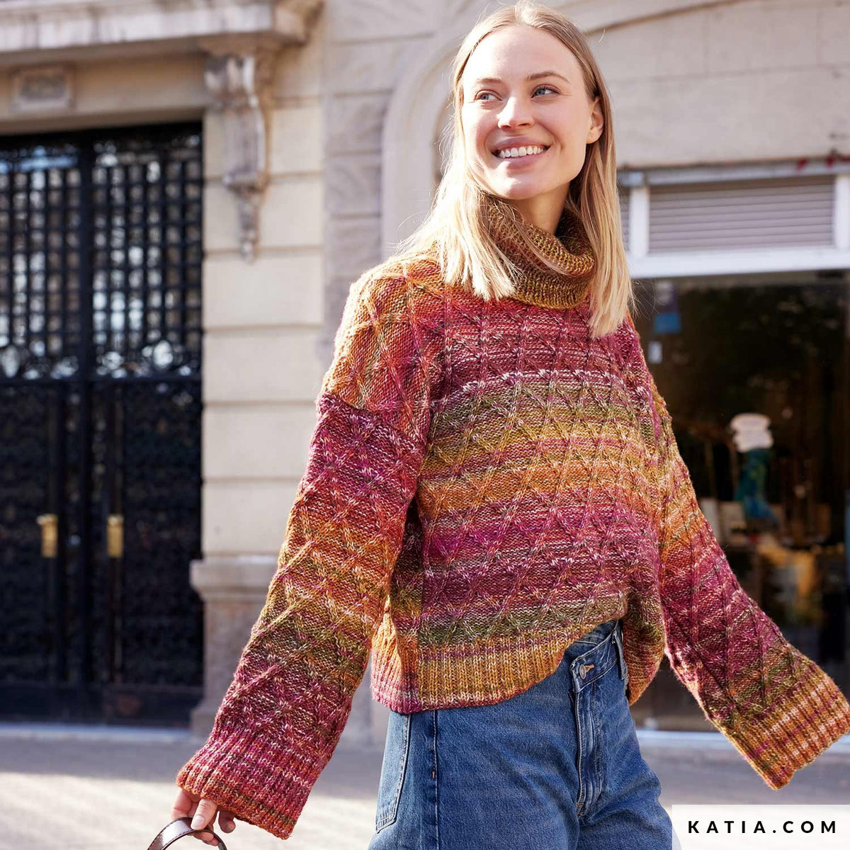 Katia Cotton-Merino Paradiso 305 Kauwgom Roze-Paars-Water Blauw - Patroon breien haken dames trui herfst winter katia — gemaakt met Katia Cotton-Merino Paradiso (2)