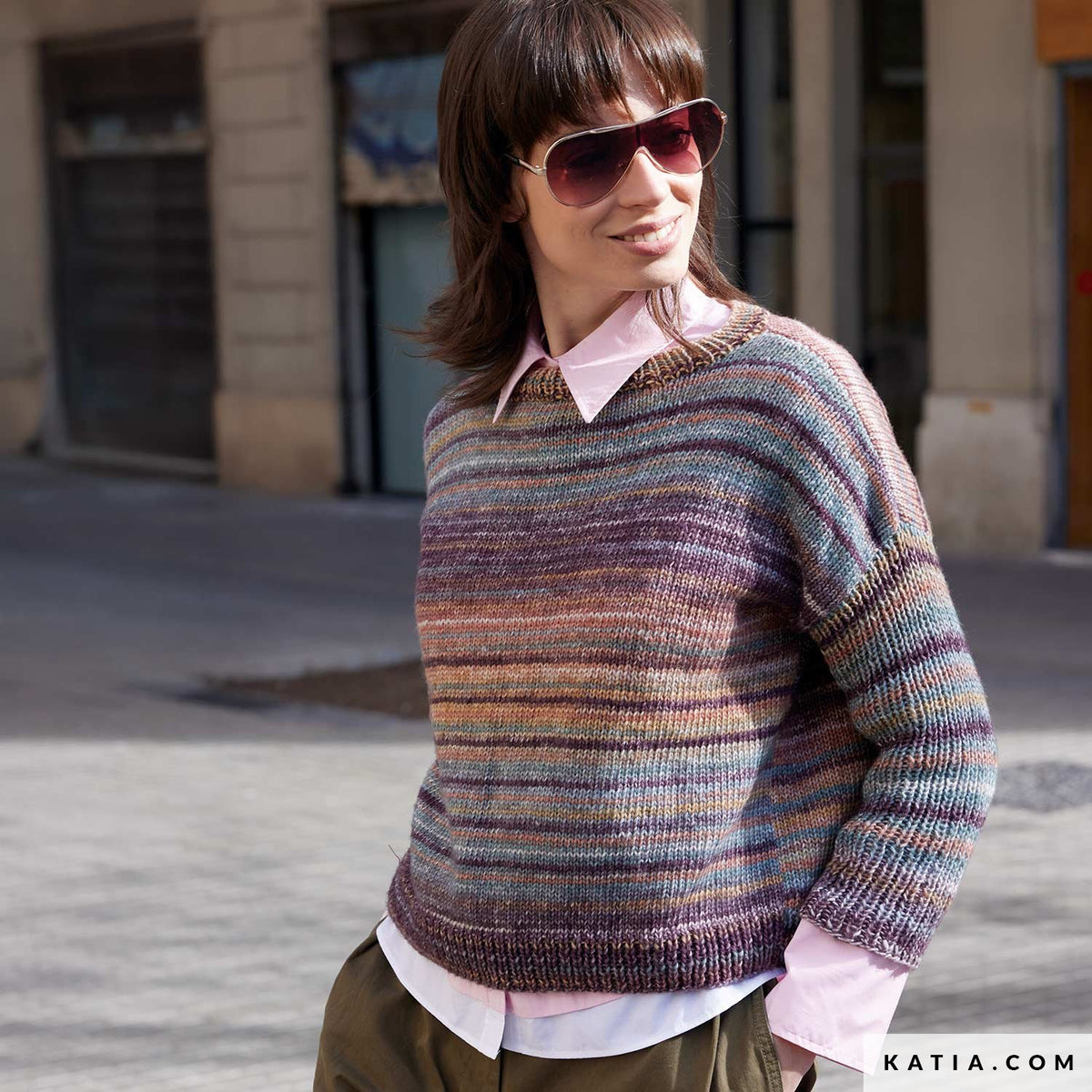 Katia Cotton-Merino Paradiso 305 Kauwgom Roze-Paars-Water Blauw - Patroon breien haken dames trui herfst winter katia — gemaakt met Katia Cotton-Merino Paradiso (9)