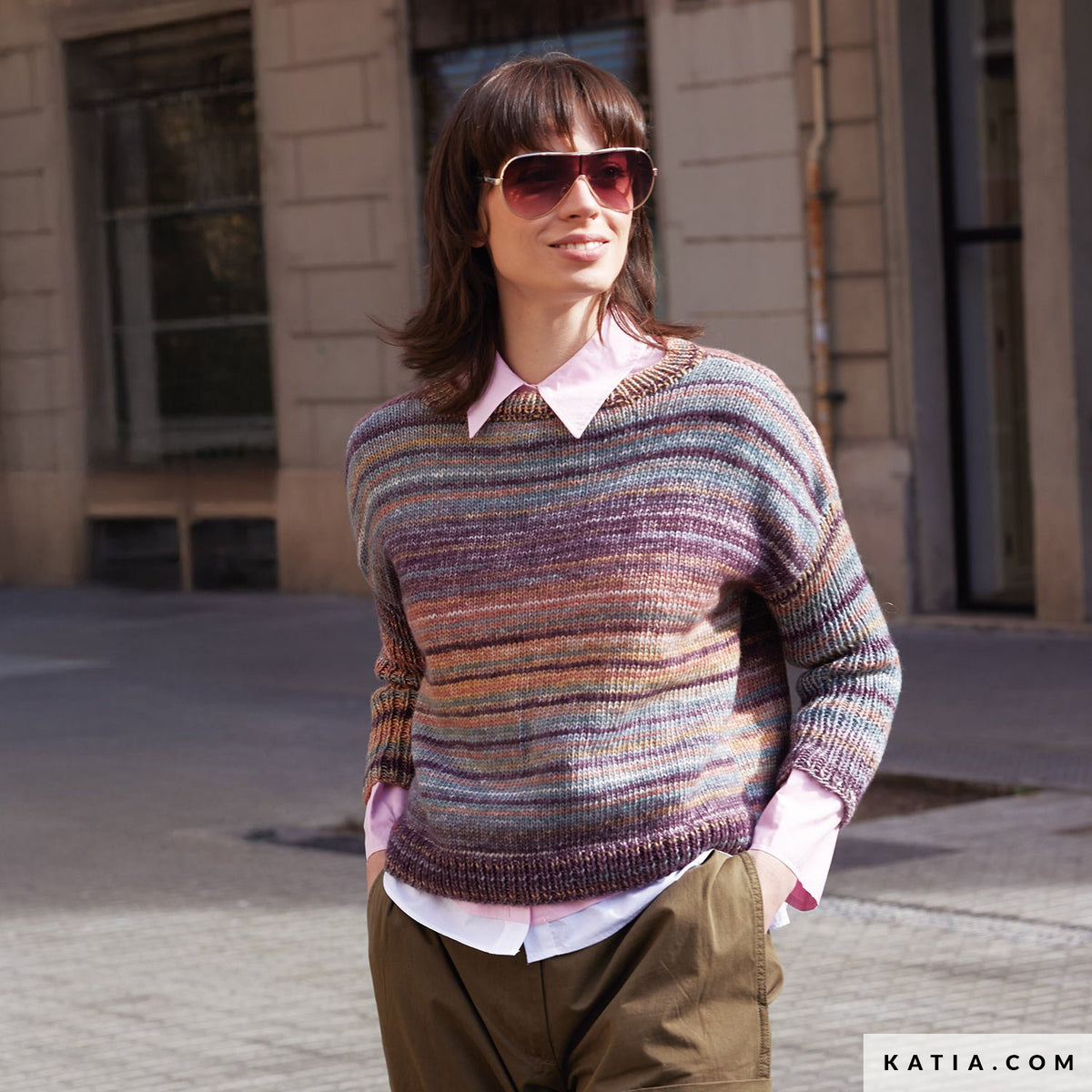 Katia Cotton-Merino Paradiso 305 Kauwgom Roze-Paars-Water Blauw - Patroon breien haken dames trui herfst winter katia — gemaakt met Katia Cotton-Merino Paradiso (11)