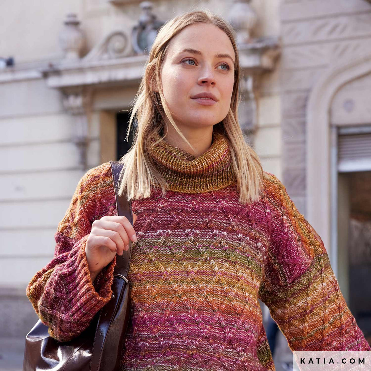 Katia Cotton-Merino Paradiso 305 Kauwgom Roze-Paars-Water Blauw - Patroon breien haken dames trui herfst winter katia — gemaakt met Katia Cotton-Merino Paradiso (5)