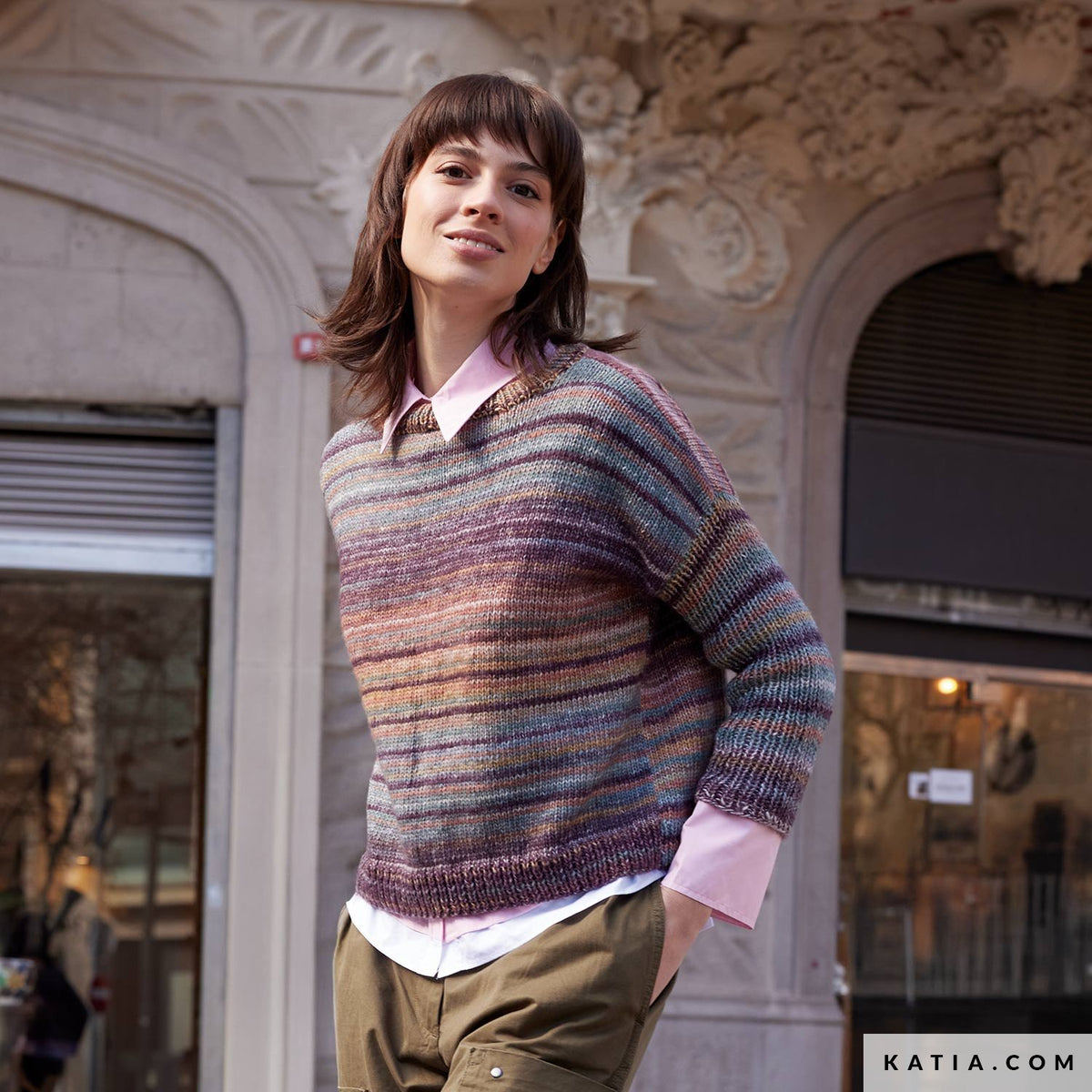Katia Cotton-Merino Paradiso 305 Kauwgom Roze-Paars-Water Blauw - Patroon breien haken dames trui herfst winter katia — gemaakt met Katia Cotton-Merino Paradiso (14)